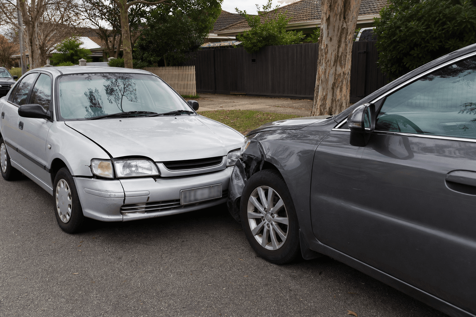 Two damaged vehicles after a suburban motor collision