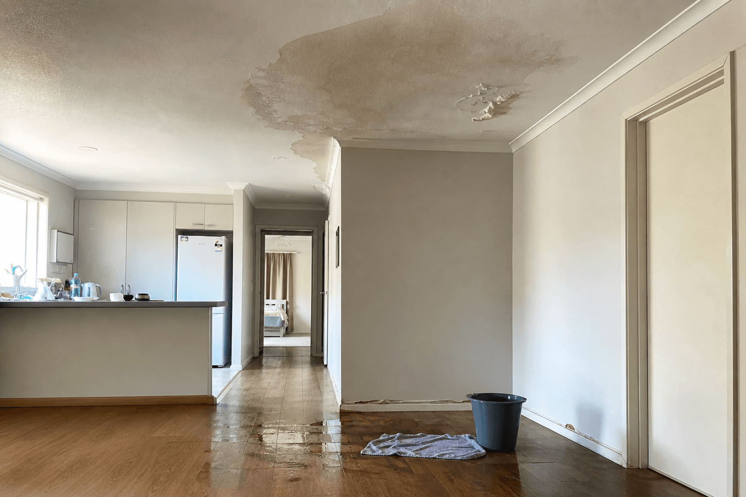 Water damage across the ceiling and floor of an Australian home