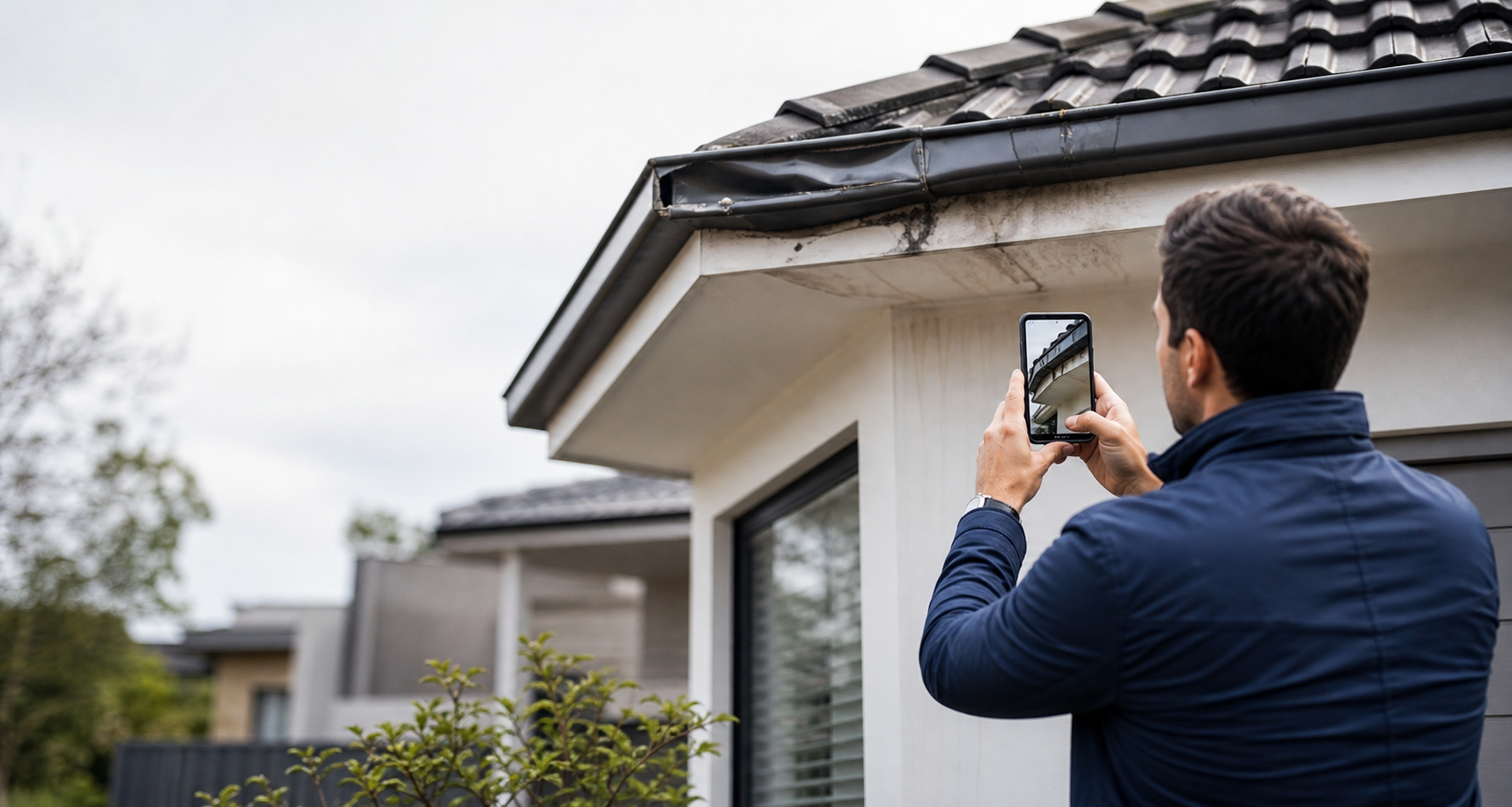 Insurance assessor photographing storm damage at a residential property