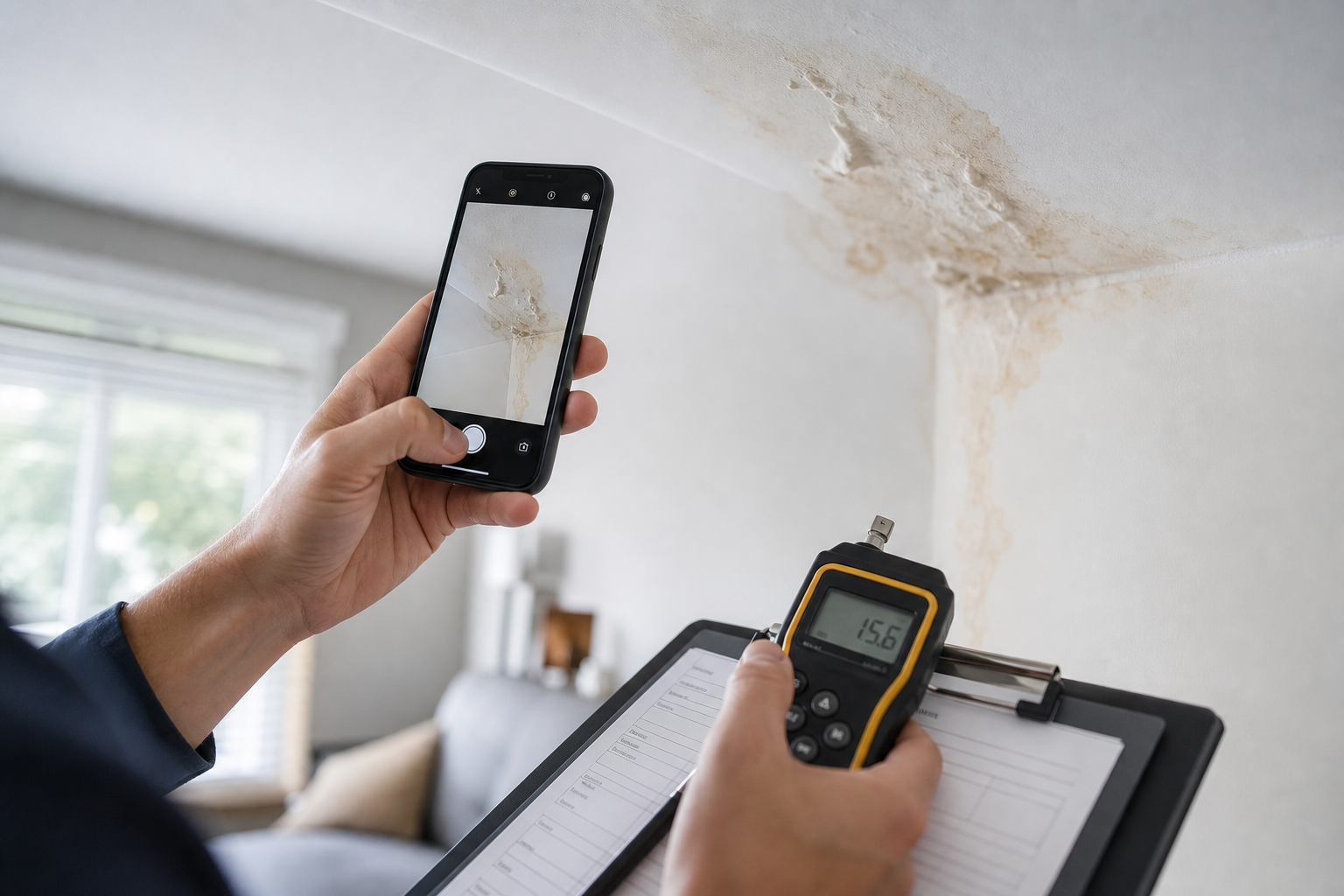 Assessor photographing interior water damage with inspection tools